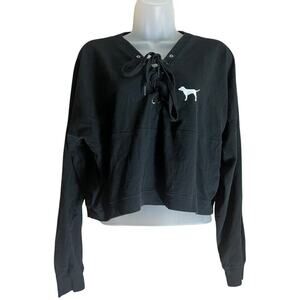 Pink Victoria Secret Woman's Black Lace-up Neckline Long Sleeve Crop Top S